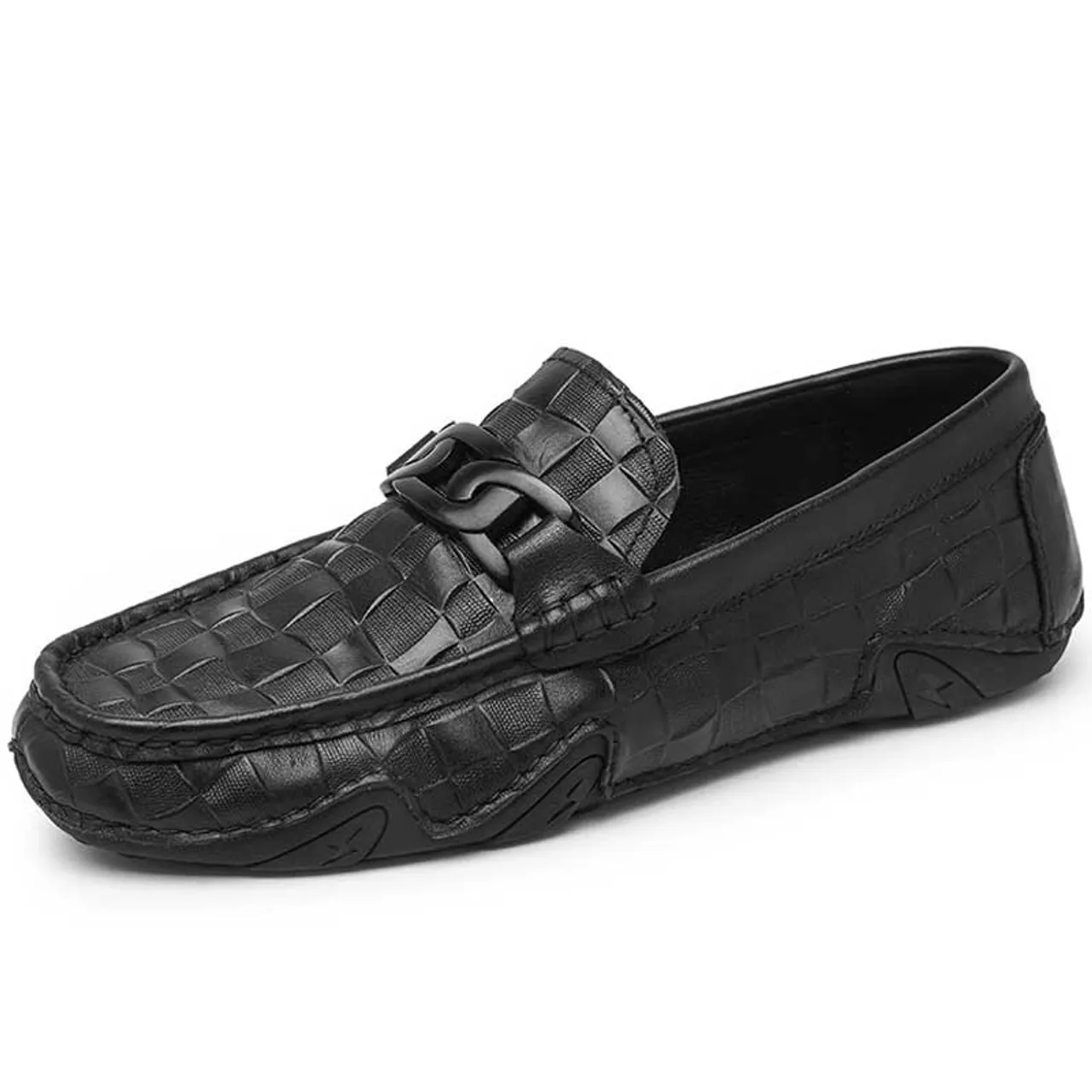 Black check weave accents buckle slip on shoe loafer