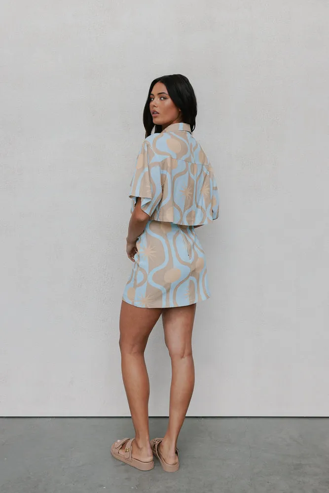 Del Sole Skirt - Blue/Tan Sun Print