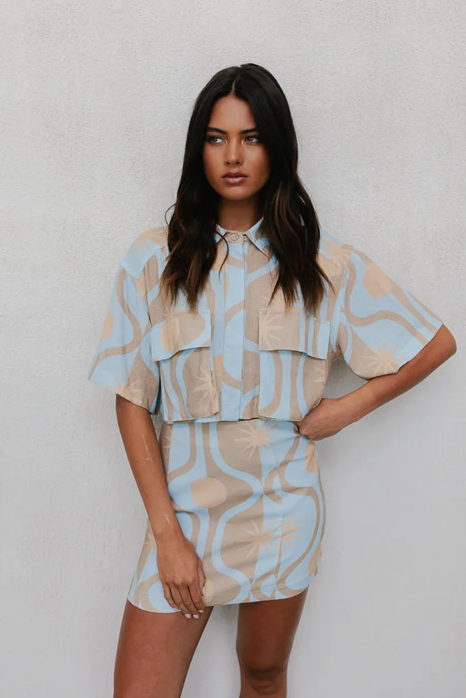 Del Sole Skirt - Blue/Tan Sun Print