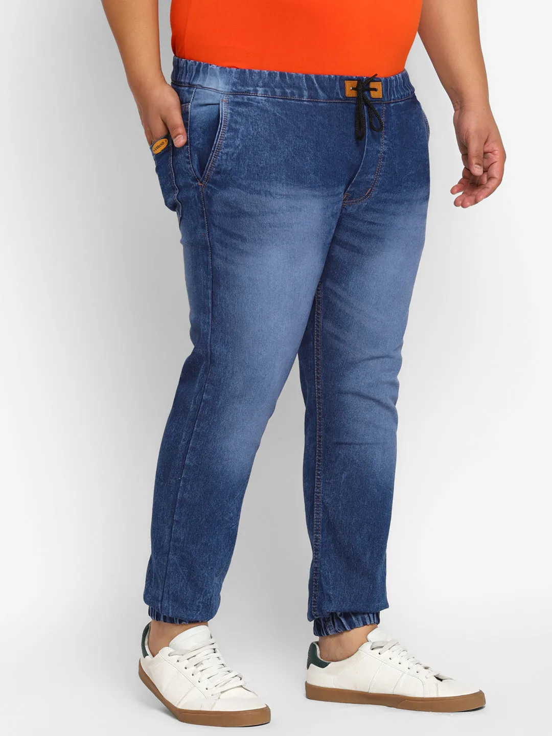 Plus Men's Dark Blue Regular Fit Washed Jogger Jeans Stretchable