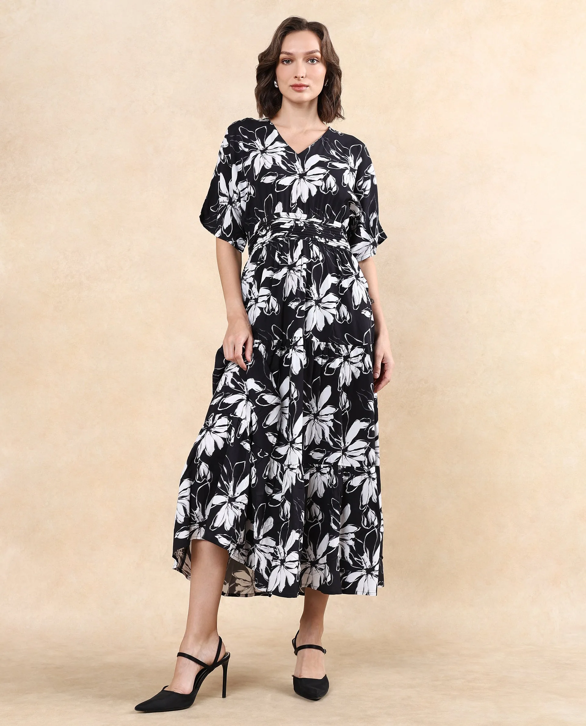 Rareism Women Tuzio Black Extended Sleeves V-Neck Zipper Closure Fit And Flare Floral Print Maxi Dress