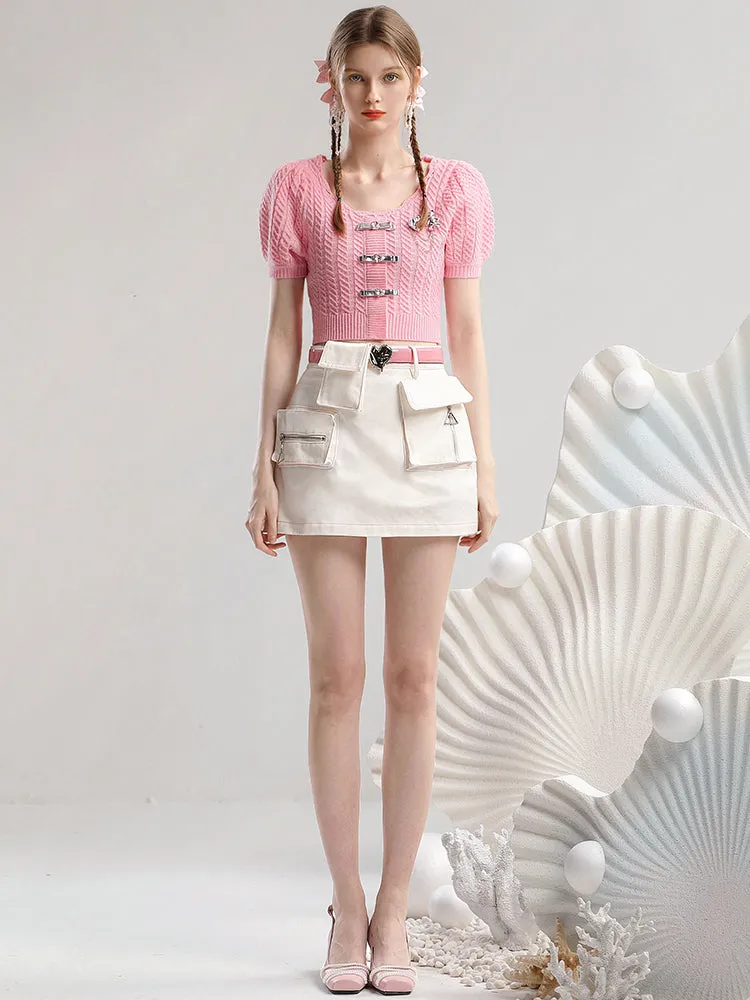 Set-Up Summer-Knit Feminine Pocket Casual Ribbno Metal Knit&Mini-Skirt