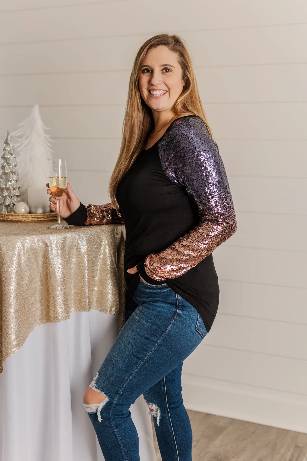 Shine Bright Sequin Top- Black