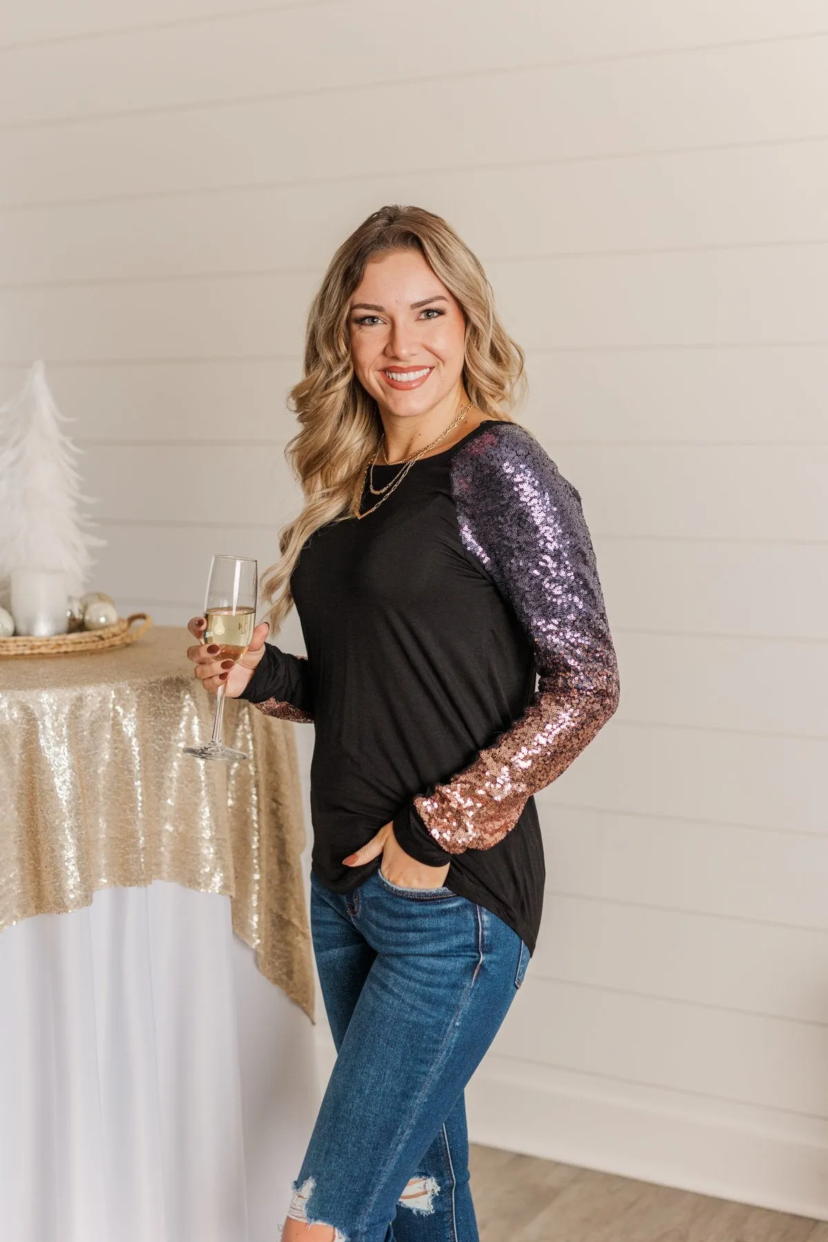 Shine Bright Sequin Top- Black